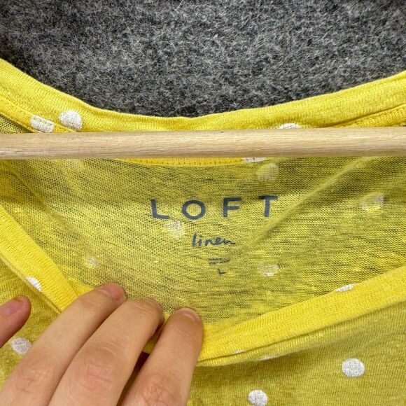 Loft T-Shirt Women L Large Yellow Polka Dot Linen Short Sleeve Round Neck Casual - Picture 3 of 7